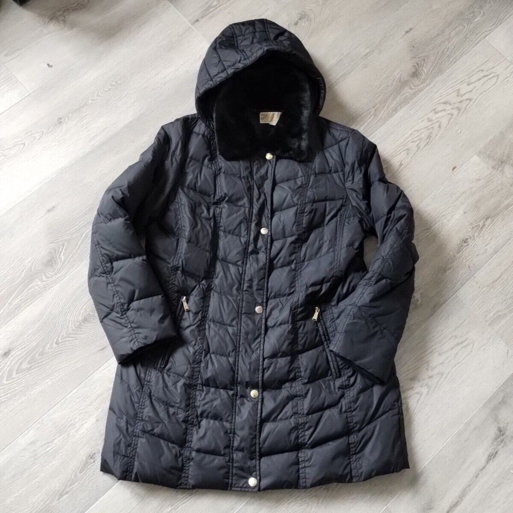 Michael Kors Puffer Jacket Womens XL Black Hooded Full Zip Snap Button Faux Fur
